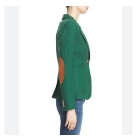 SMYTHE Sz 10 Green Duchess Wool Elbow Patch Suede Trim Jacket Blazer - Picture 11 of 13